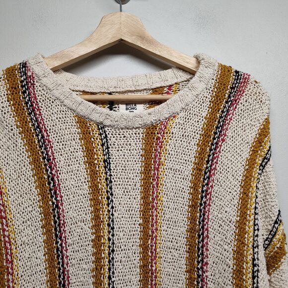 Billabong Crochet Sweater Women Size S Cream Stripes Bohemian Fall Casual - Picture 2 of 8